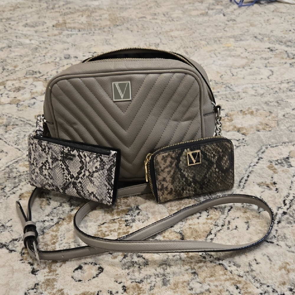 Victoria's Secret Gray Crossbody Bag with Snake Print Accents
